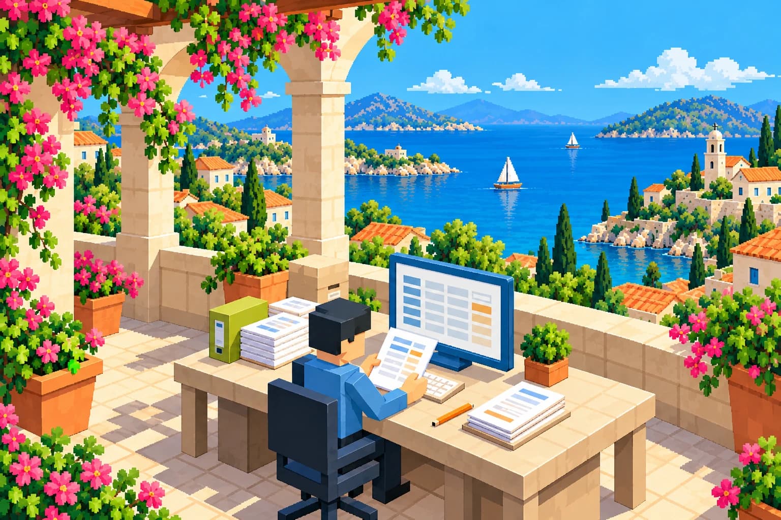 Un bureau en pixel art ouvert sur la Méditerranée, où une personne vérifie ses documents.