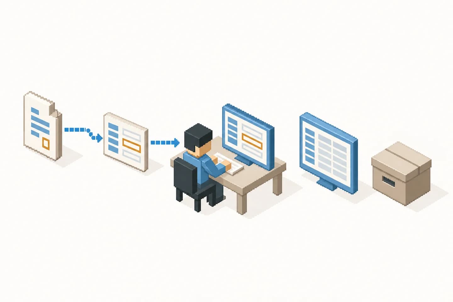 Illustration en pixel art : un document est structuré, vérifié par une personne puis transféré dans un tableau.